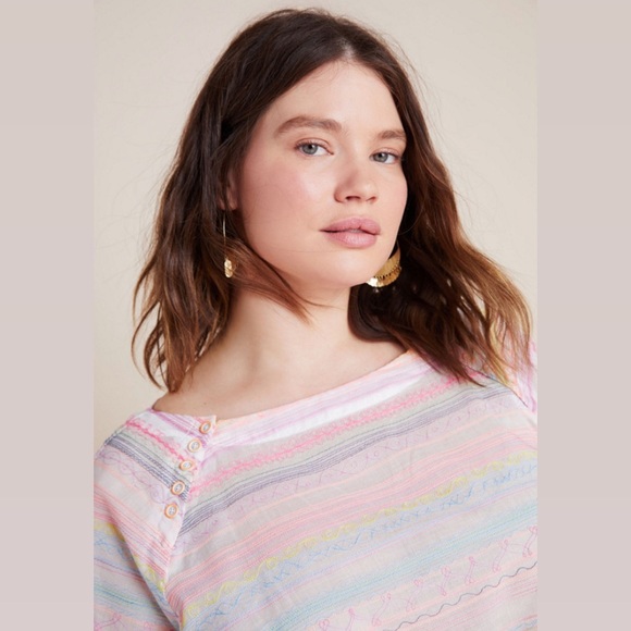 Anthropologie Neon Embroidered Babydoll Top - Picture 3 of 6